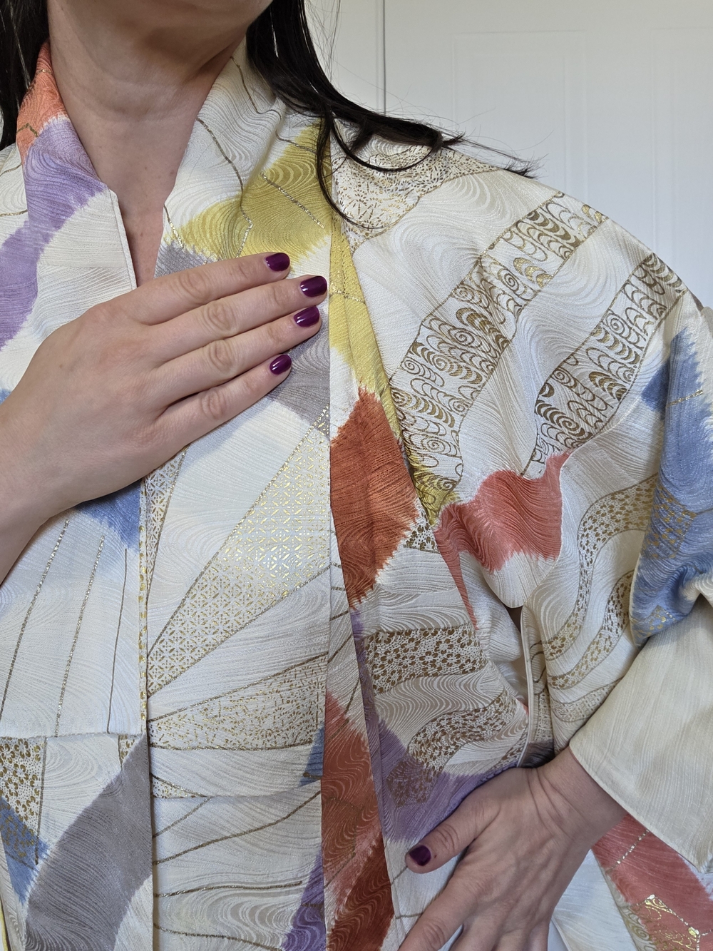 Vintage Japanese Silk Kimono | Hand-Painted Fan Motif | Pastel & Gold | One Size - Picture 2 of 7